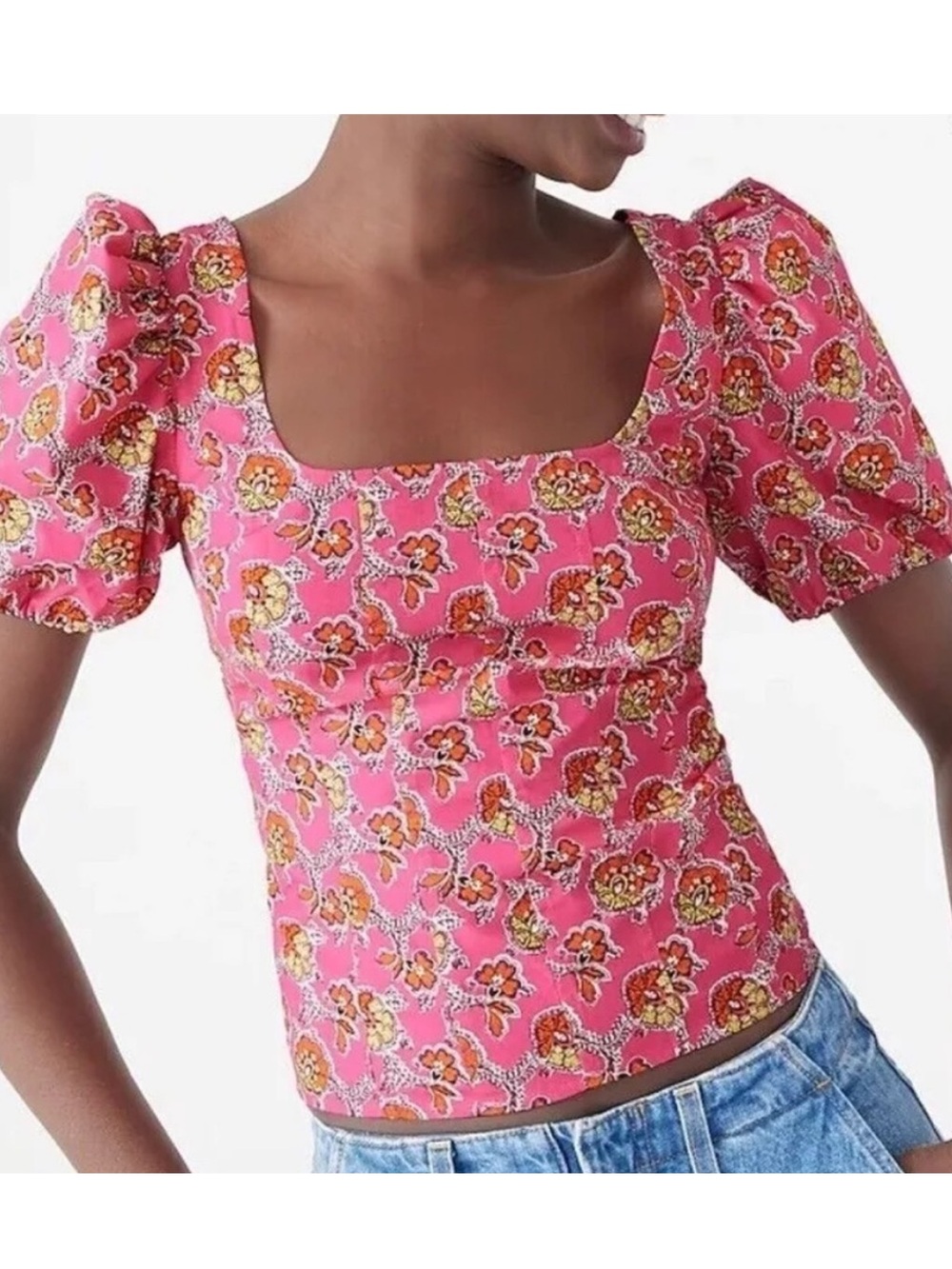 J.Crew Ratti Pink Blooms Puff Sleeve Squareneck Top Size 0